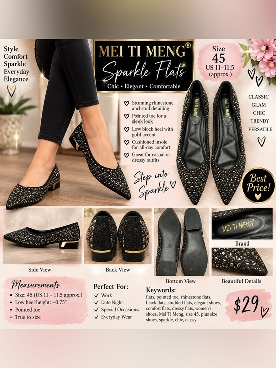 Mei Ti Meng Shoes - Black Embellished Pointed Ballet Flats